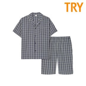 트라이 남성 체크 반팔 인견 파자마 여름 반팔 잠옷 세트 TMJSJ23