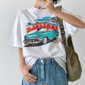 클래식카프린팅 라운드박스 반팔롱티셔츠 여름데일리 빅사이즈 루즈핏나염 면캐주얼_P417552023