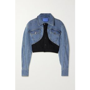 Cropped Jersey-paneled Denim Jacket 미드 데님