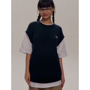 Waffle knitwear layered oversized fit Short-sleeved sweatshirt [Blue]