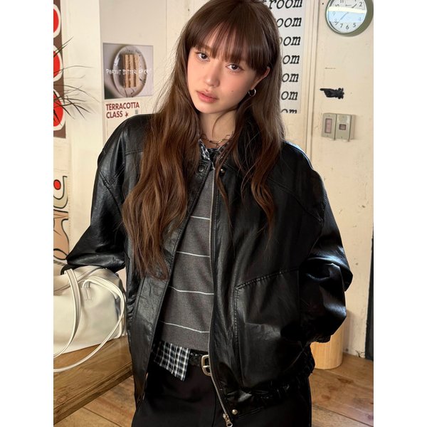 폭스 레더 집업 블루종 블랙 OU1884