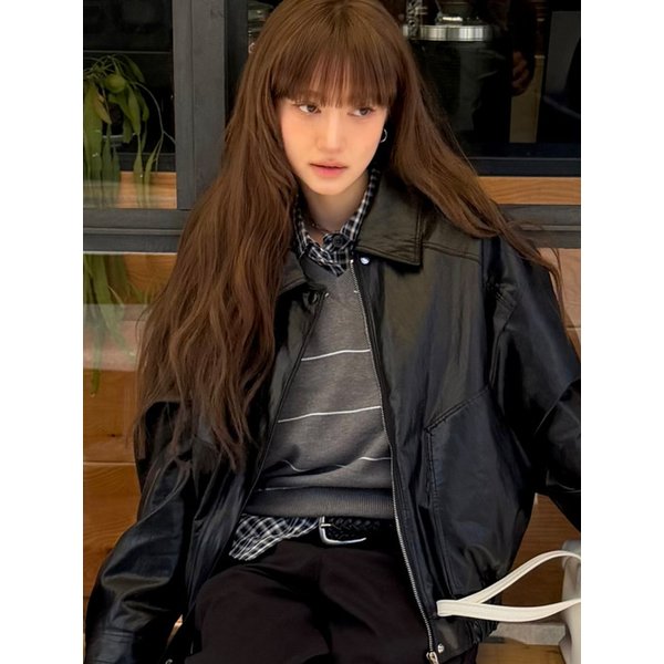 폭스 레더 집업 블루종 블랙 OU1884