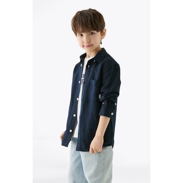타미힐피거키즈 25년 S/S          T42F1HSH230BT1          린넨 블랜드 셔츠 (네이비, 화이트)