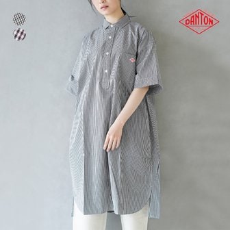 단톤 코튼 포플린 깅엄 체크 반팔 셔츠 원피스 여성 드레스