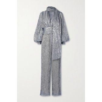 오스카드라렌타 오스카 드 라 렌타 Tie-neck Silk-blend Plissé-lamé Jumpsuit 다크 그레이 1647597287927071