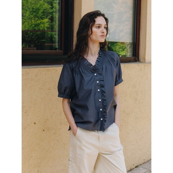 Smocking Detail V-Neck Shirts (2color)