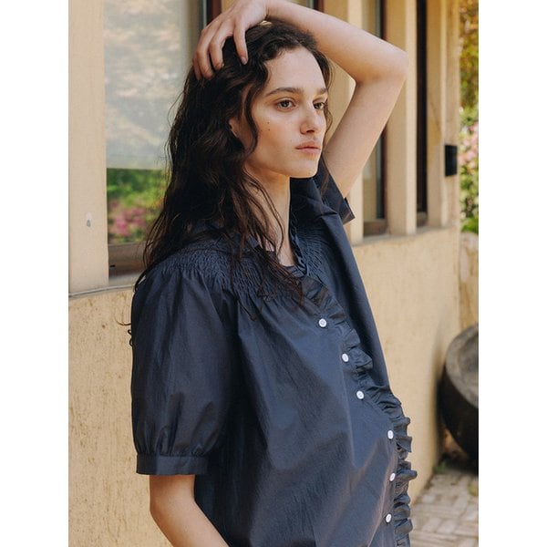 Smocking Detail V-Neck Shirts (2color)