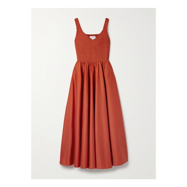 라 리뉴 크루즈 셔링 코튼 새틴 미디 드레스 오렌지 1647597360347618