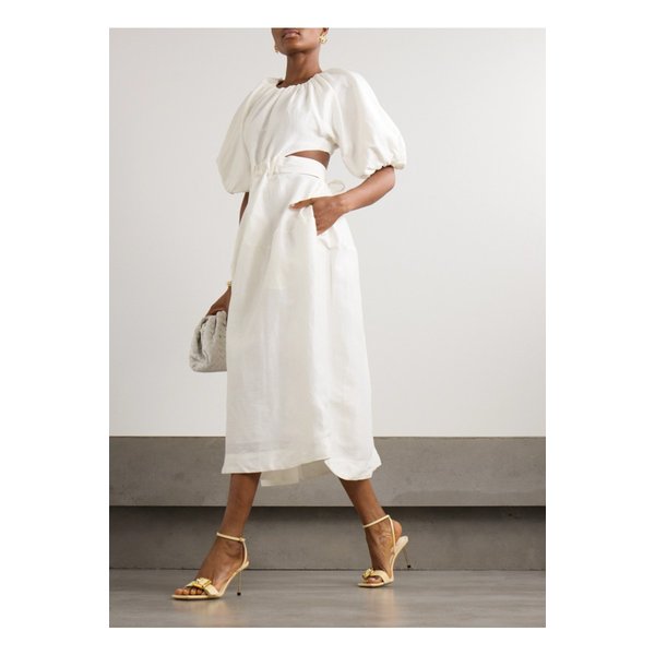 에이지 미모사 컷아웃 개더 리넨 혼방 미디 드레스 오프 화이트 1647597333738045