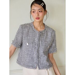 Tassel Tweed Short Sleeve Jacket_ Gray