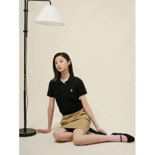 빈폴레이디스 [Essential] 코튼 케이블 T칼라 반소매 풀오버 - 블랙 BF5251E025
