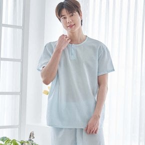 남성 체크엠보 반팔 잠옷 세트