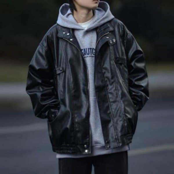 [옷자락] 남성 캐주얼 광택 하이넥 가죽 라이더 자켓