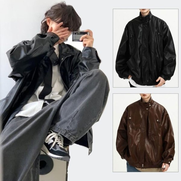 [옷자락] 남성 캐주얼 광택 하이넥 가죽 라이더 자켓