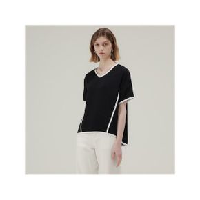 배색라인 브이넥 블라우스 GAMBL06G BK _P401603116