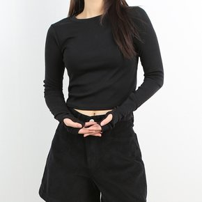 핑거 무지 소매 워머 긴팔 숏 티셔츠 크롭티
