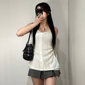 여성 레이스 펀칭 레이어드 셔링 미니 원피스 [발레코어 슬리브리스 끈 나시 봄 여름 휴양지]