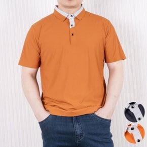 남성 여름 쿨링 카라티 -5도 냉감 배색 카라 골프웨어 반팔티 네이비오렌지/95~110 빅사이즈/무봉제/아이