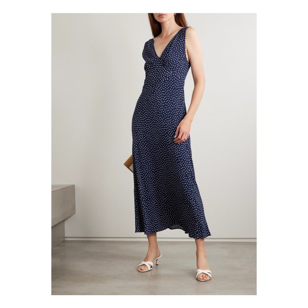 산드린 폴카 도트 크레이프 미디 드레스 네이비 46376663162890096