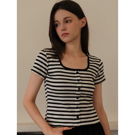 쿨키튼 Kitten Square Neck Buttoned Striped T-Shirts