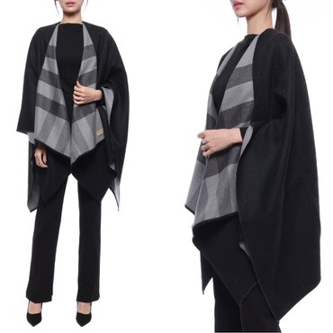 버버리 22SS 여성 리버시블 체크 울 케이프 코트 (4029404_CHARCOAL_22S)