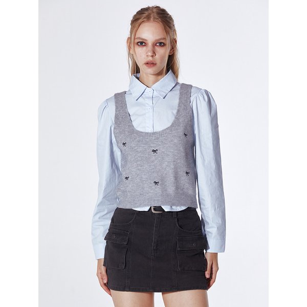 [8/11이후 순차적발송] Ribbon Embroidery Knitted Bustier Set (GRAY)