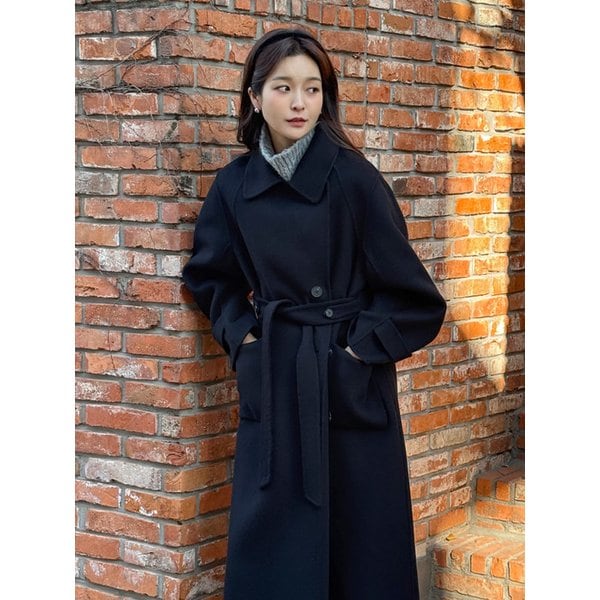 Cashmere Wool Blend Double Collar Long Coat Black AT5COF063BK