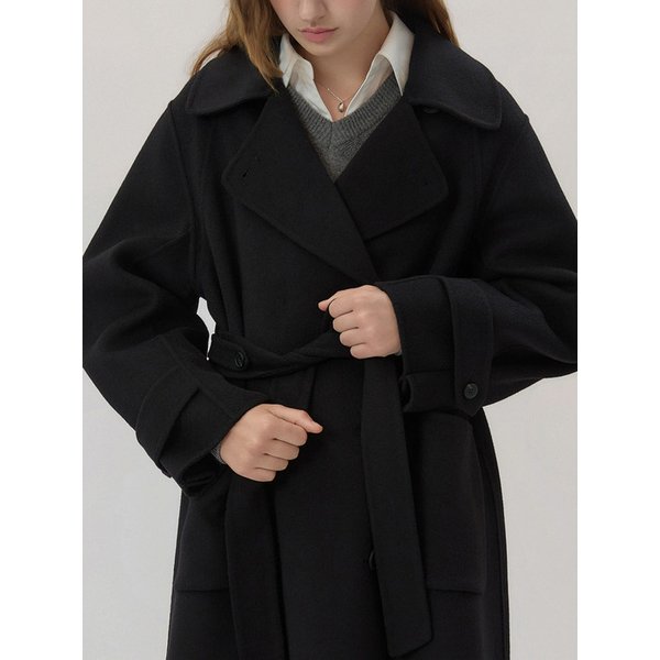 Cashmere Wool Blend Double Collar Long Coat Black AT5COF063BK