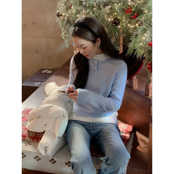 Mohair Henley Neck Knit Sky Blue AT5SWF026SL