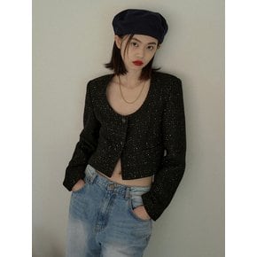 TWEED U NECK CROP JACKET_BLACK