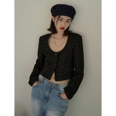 오버듀플레어 TWEED U NECK CROP JACKET_BLACK