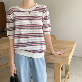 마르엘 펀칭 스트라이프 반팔 니트_P340723711