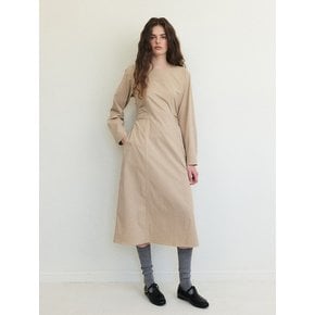 Side Tuck Shirring Dress, Beige