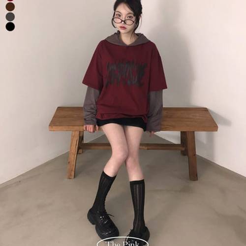 더핑크 / 모티 오버핏 프린팅 스트라이프 배색 레이어드 후드티