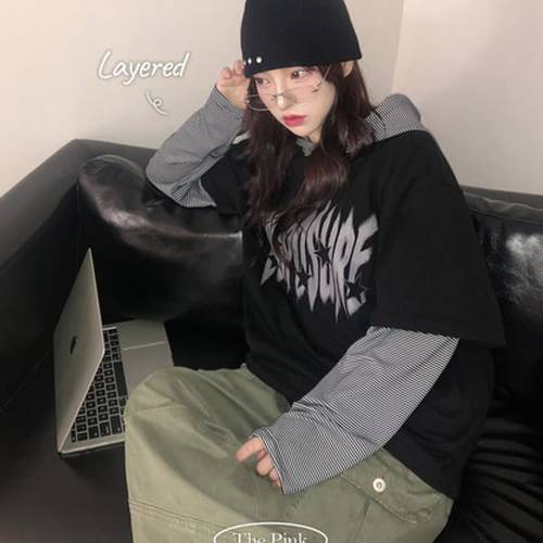 더핑크 / 모티 오버핏 프린팅 스트라이프 배색 레이어드 후드티