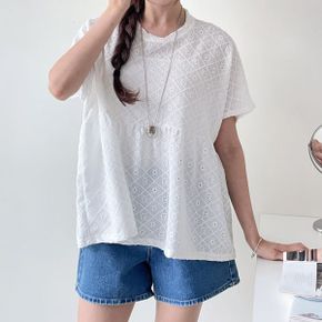 펀칭 반팔 블라우스 풀오버 라운드넥 레이스 캐주얼 블라우스티_P429548937