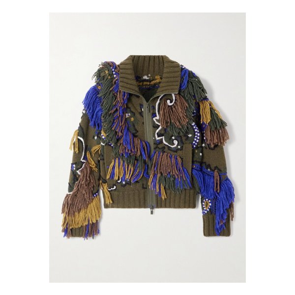 프린지 자수 자카드 니트 울 혼방 가디건 밀리터리 그린 46376663162908253