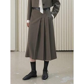 LEATHER BAND WOOL SKIRT / BROWN