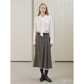 LEATHER BAND WOOL SKIRT / BROWN