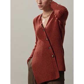 RIBBED-KNIT BUTTONED V-NECK CARDIGAN(BRICK)