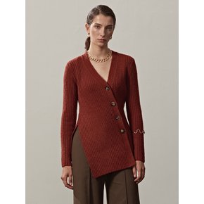 RIBBED-KNIT BUTTONED V-NECK CARDIGAN(BRICK)