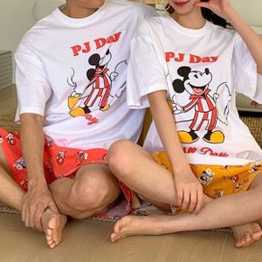 여름 시원한 커플 반팔 잠옷 세트 미키 프린팅 실내복 상하세트 홈웨어_P400665987
