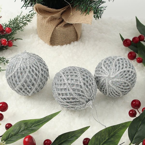 로열실버 글리터 장식볼 3p세트(8cm) (회오리메쉬)