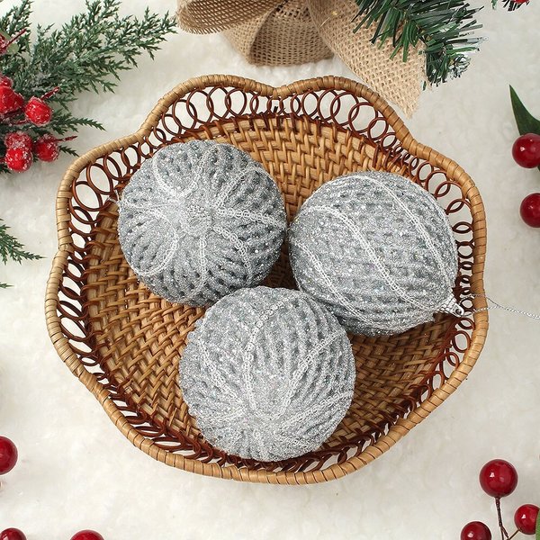 로열실버 글리터 장식볼 3p세트(8cm) (회오리메쉬)