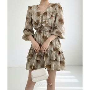 브이넥 퍼프소매 긴팔 미니원피스 플라워 쉬폰 셔링 카작녀 장미꽃 패턴 미니원피스