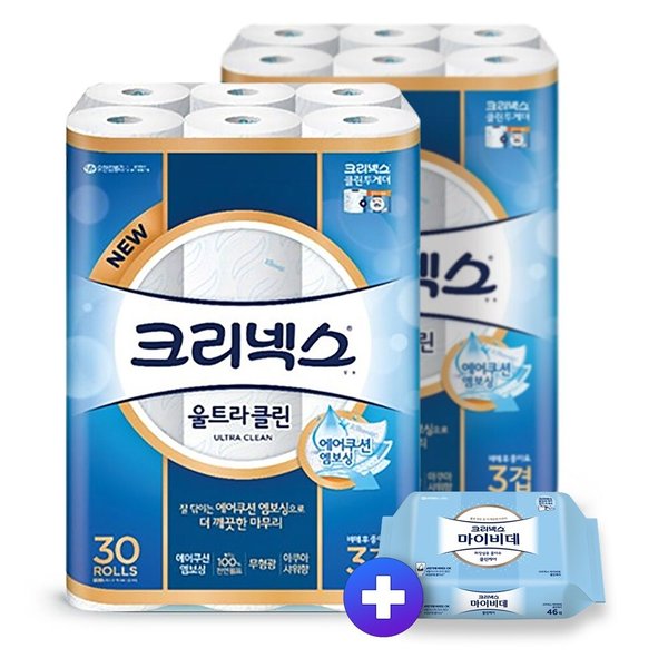 크리넥스 울트라 클린 아쿠아 3겹 화장지 25m 30롤 2팩 +비데 물티슈 46매