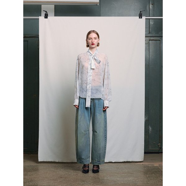 GREY MARBLE PRINT BOW TIE BLOUSE