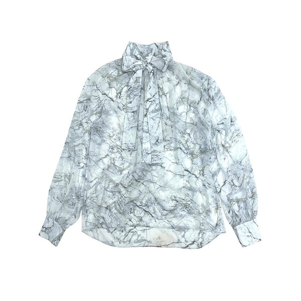 GREY MARBLE PRINT BOW TIE BLOUSE