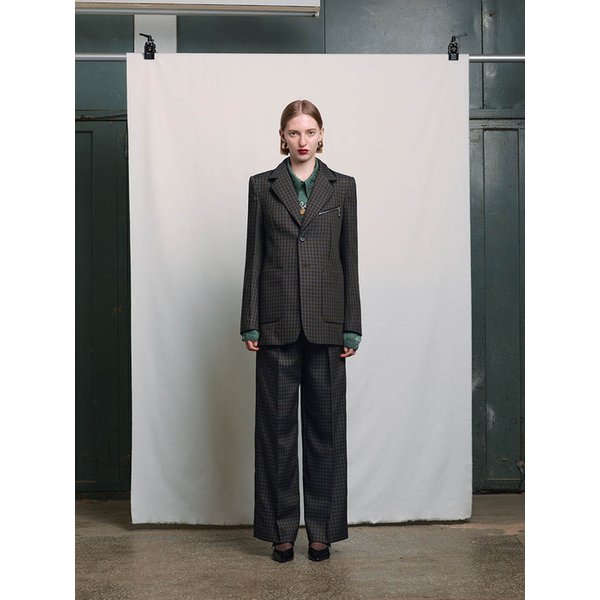 BROWN CHECK GUSSET COLLAR SINGLE JACKET