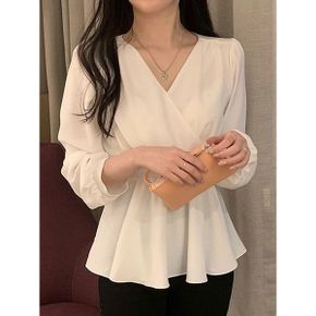 리본 허리밴딩 랩V넥 블라우스 G4FBL066P_P377799835